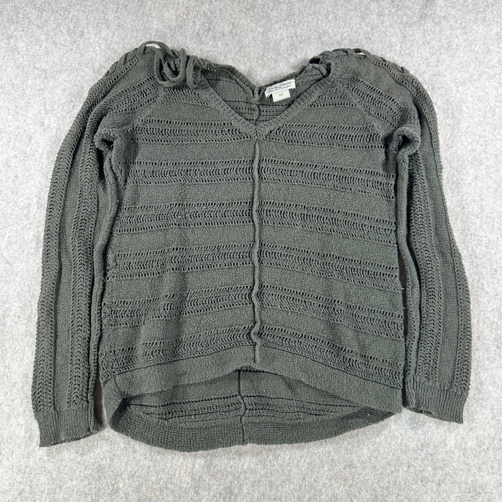 Lucky Brand Open Knit Crochet Sweater Womens Size Extra Small Olive High Low